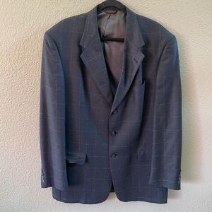 Vintage Hart Schaffner Marx Blazer Mens 43L Blue Windowpane Plaid Sport Coat